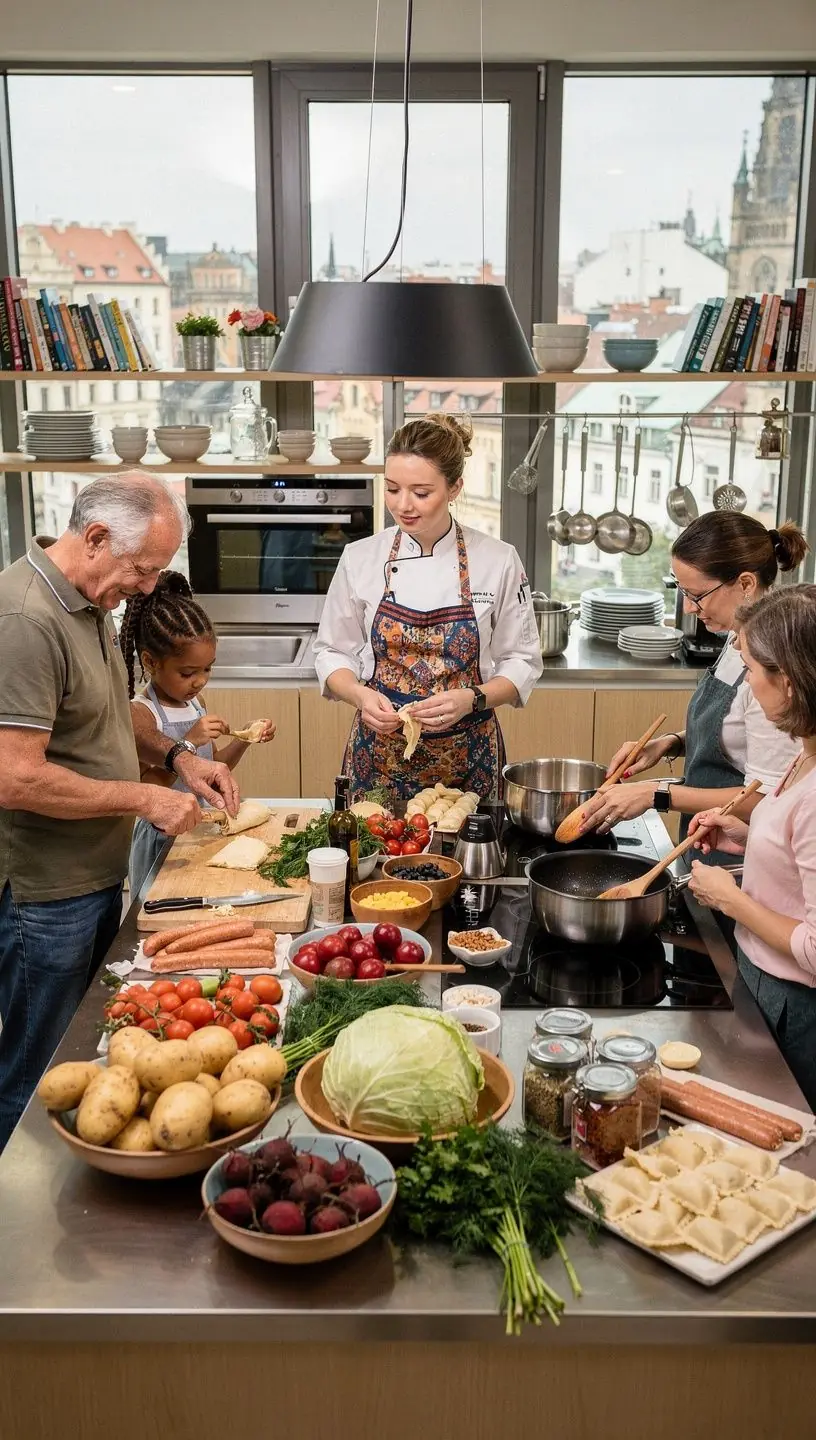 Słuchacze w trakcie warsztatów kulinarnych, przygotowują tradycyjne polskie potrawy.